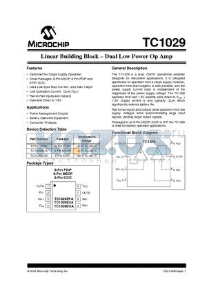 TC1029EPA datasheet - Linear Building Block - Dual Low Power Op Amp