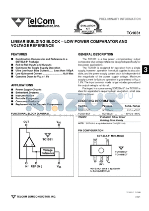 TC1031 datasheet - LINEAR BUILDING BLOCK - LOW POWER COMPARATOR AND VOLTAGE REFERENCE