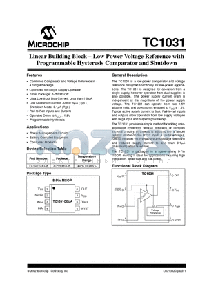 TC1031 datasheet - Linear Building Block . Low Power Voltage Reference with Programmable Hysteresis Comparator and Shutdown