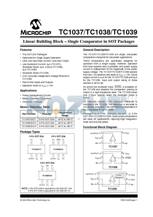 TC1037 datasheet - Linear Building Block . Single Comparator in SOT Packages