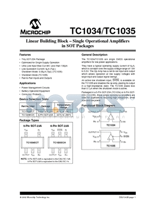 TC1034ECT datasheet - Linear Building Block . Single Operational Amplifiers in SOT Packages