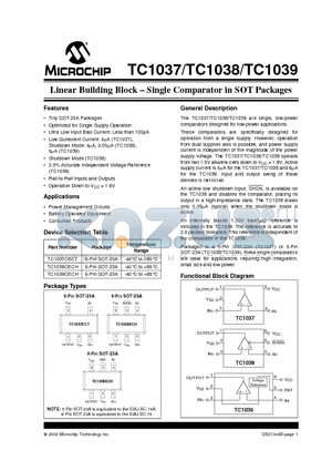 TC1037CECT datasheet - Linear Building Block . Single Comparator in SOT Packages