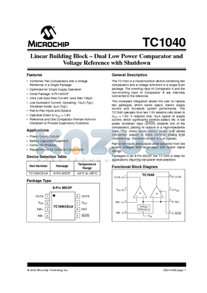 TC1040 datasheet - Linear Building Block . Dual Low Power Comparator and Voltage Reference with Shutdown