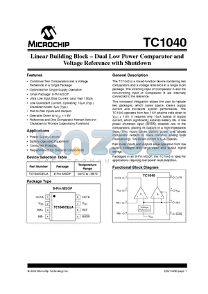 TC1040CEUA datasheet - Linear Building Block . Dual Low Power Comparator and Voltage Reference with Shutdown