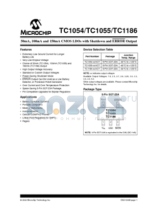 TC1054-2.7VCT datasheet - 50mA, 100mA and 150mA CMOS LDOs with Shutdown and ERROR Output