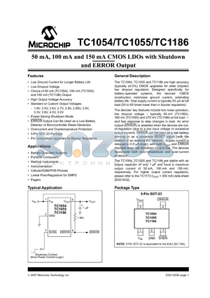 TC1054-3.0VCT713 datasheet - 50 mA, 100 mA and 150 mA CMOS LDOs with Shutdown and ERROR Output