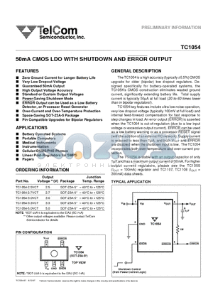 TC1054-5.0VCT datasheet - 50mA CMOS LDO WITH SHUTDOWN AND ERROR OUTPUT