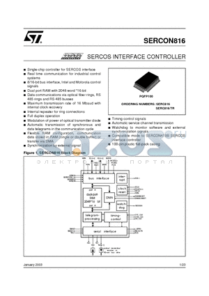SERC816TR datasheet - SERCOS INTERFACE CONTROLLER