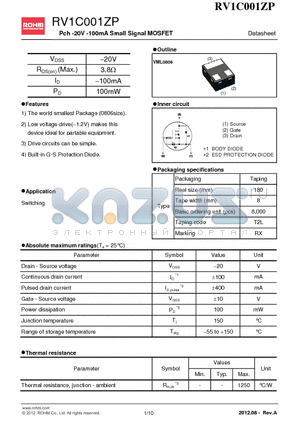RV1C001ZP datasheet - Pch -20V -100mA Small Signal MOSFET
