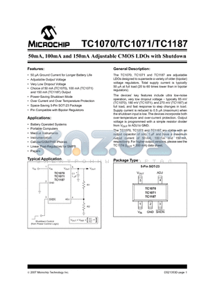 TC1070 datasheet - 50mA, 100mA and 150mA Adjustable CMOS LDOs with Shutdown