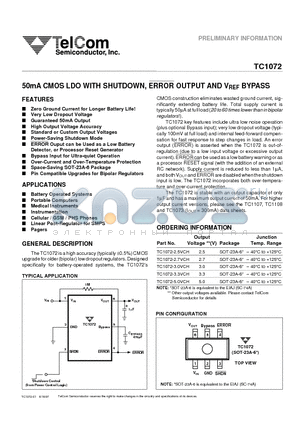 TC1072-2.7VCH datasheet - 50mA CMOS LDO WITH SHUTDOWN, ERROR OUTPUT AND VREF BYPASS