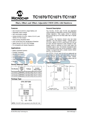 TC1070VCT datasheet - 50mA, 100mA and 150mA Adjustable CMOS LDOs with Shutdown