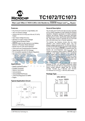 TC10722.5VCT713 datasheet - 50mA and 100mA CMOS LDOs with Shutdown, ERROR Output and VREF Bypass