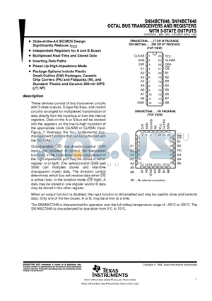 SN74BCT648 datasheet - OCTAL BUS TRANSCEIVERS AND REGISTERS WITH 3-STATE OUTPUTS