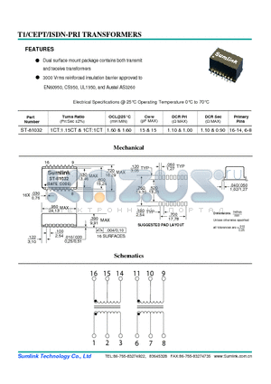 ST-81032 datasheet - T1/CEPT ISDN - PRI TRANSFORMERS