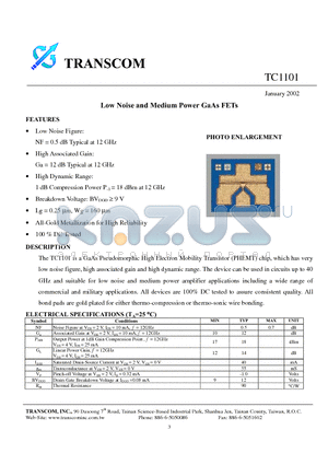 TC1101 datasheet - Low Noise and Medium Power GaAs FETs