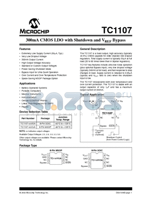 TC1107 datasheet - 300mA CMOS LDO with Shutdown and VREF Bypass