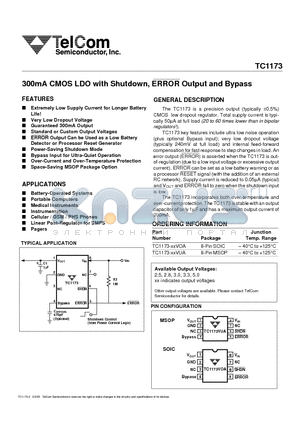 TC1173-2.5VOA datasheet - 300mA CMOS LDO with Shutdown, ERROR Output and Bypass