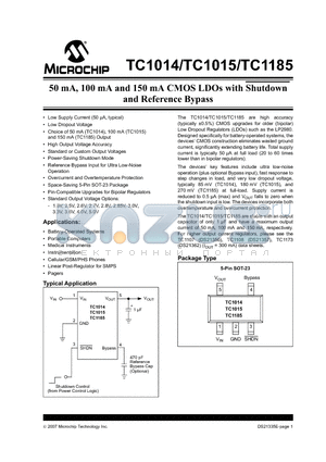 TC1185-5.0VCT713 datasheet - 50 mA, 100 mA and 150 mA CMOS LDOs with Shutdown and Reference Bypass