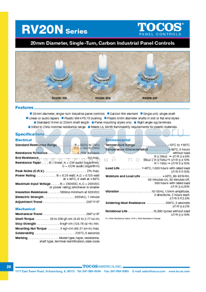 RV20N20FA102M datasheet - 20mm Diameter, Single-Turn, Carbon Industrial Panel Controls