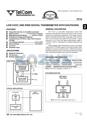 TC12 datasheet - LOW COST, ONE WIRE DIGITAL THERMOMETER WITH SHUTDOWN