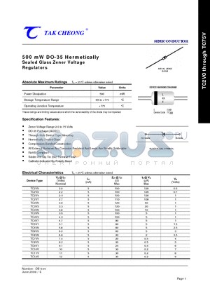 TC11V datasheet - 500 mW DO-35 Hermetically Sealed Glass Zener Voltage Regulators
