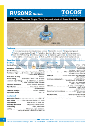 RV20N215SKC100M datasheet - 20mm Diameter, Single-Turn, Carbon Industrial Panel Controls