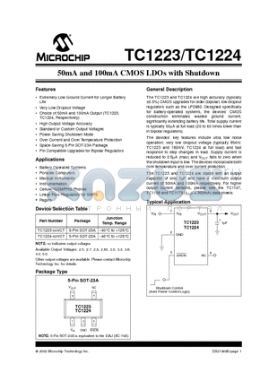 TC1223 datasheet - 50mA and 100mA CMOS LDOs with Shutdown