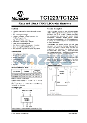 TC1224-XXVCT datasheet - 50mA and 100mA CMOS LDOs with Shutdown