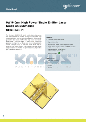 SES9-940-01 datasheet - 9W 940nm High Power Single Emitter Laser Diode on Submount