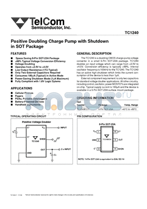 TC1240ECH datasheet - Positive Doubling Charge Pump with Shutdown in SOT Package