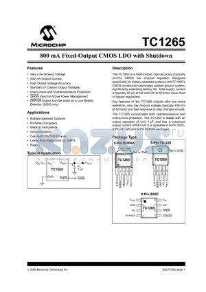 TC1265-1.8VOATR datasheet - 800 mA Fixed-Output CMOS LDO with Shutdown