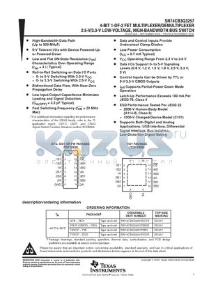 SN74CB3Q3257DGVR datasheet - 4 BIT 1 OF 2 FET MULTIPLEXER/ DEMULTIPLEXER