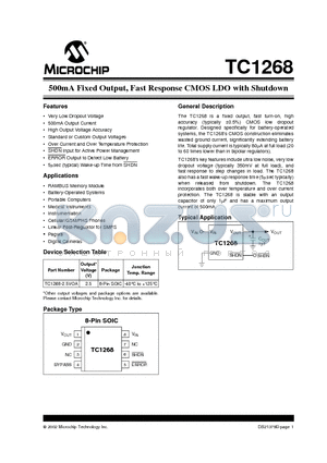 TC1268 datasheet - 500mA Fixed Output, Fast Response CMOS LDO with Shutdown