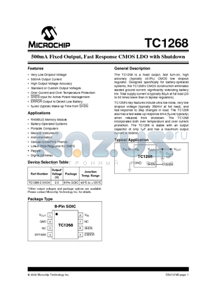 TC1268-2.5VOA datasheet - 500mA Fixed Output, Fast Response CMOS LDO with Shutdown