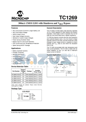 TC1269-25VUA datasheet - 300mA CMOS LDO with Shutdown and VREF Bypass