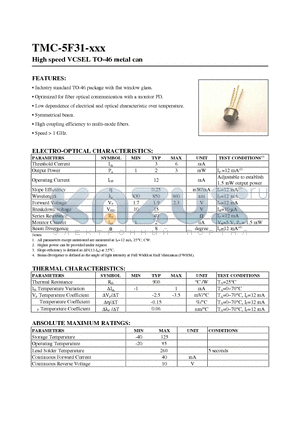 TMC-5F31-803 datasheet - High speed VCSEL TO-46 metal can