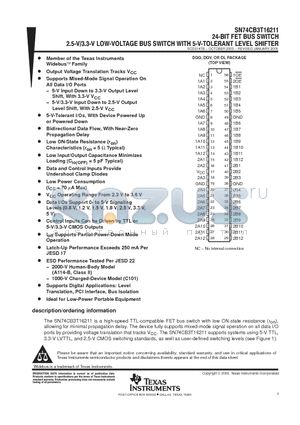 SN74CB3T16211DL datasheet - 24-BIT FET SWITCH 2.5-V/3.3-V LOW-VOLTAGE BUS SWITCH WITH 5-V-TOLERANT LEVEL SHIFTER