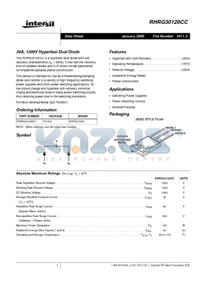 RHRG30120CC datasheet - 30A, 1200V Hyperfast Dual Diode