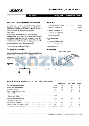 RHRG1560CC datasheet - 15A, 400V - 600V Hyperfast Dual Diodes