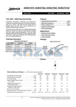 RHRG7590 datasheet - 75A, 700V - 1000V Hyperfast Diodes