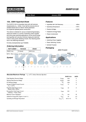 RHRP15120 datasheet - 15A, 1200V Hyperfast Diode