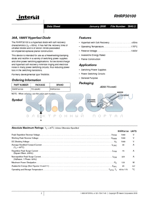 RHRP30100 datasheet - 30A, 1000V Hyperfast Diode