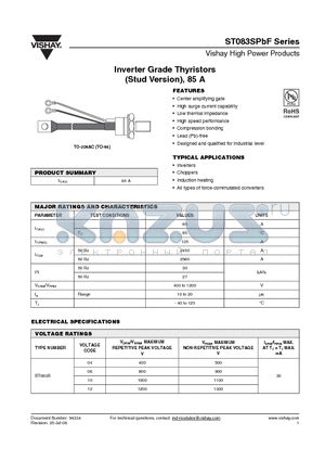 ST083S12PFN1PBF datasheet - Inverter Grade Thyristors (Stud Version), 85 A