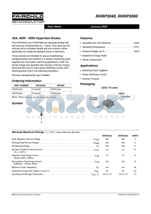 RHRP3040 datasheet - 30A, 400V - 600V Hyperfast Diodes