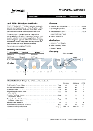 RHRP3040 datasheet - 30A, 400V - 600V Hyperfast Diodes