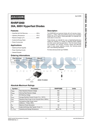RHRP3060 datasheet - 30A, 600V Hyperfast Diodes