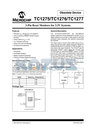 TC1275-10ENB datasheet - 3-Pin Reset Monitors for 3.3V Systems