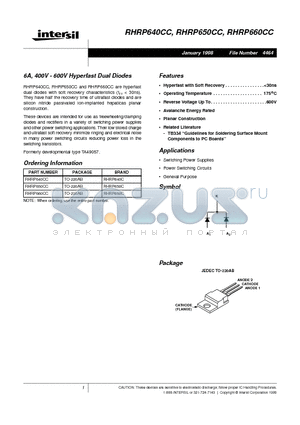 RHRP660CC datasheet - 6A, 400V - 600V Hyperfast Dual Diodes