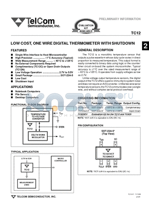 TC12NVCT datasheet - LOW COST, ONE WIRE DIGITAL THERMOMETER WITH SHUTDOWN